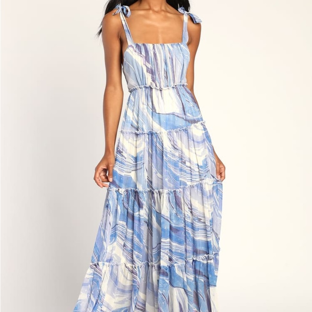 Blue Swirl Marbled Tie Strap Maxi Dress